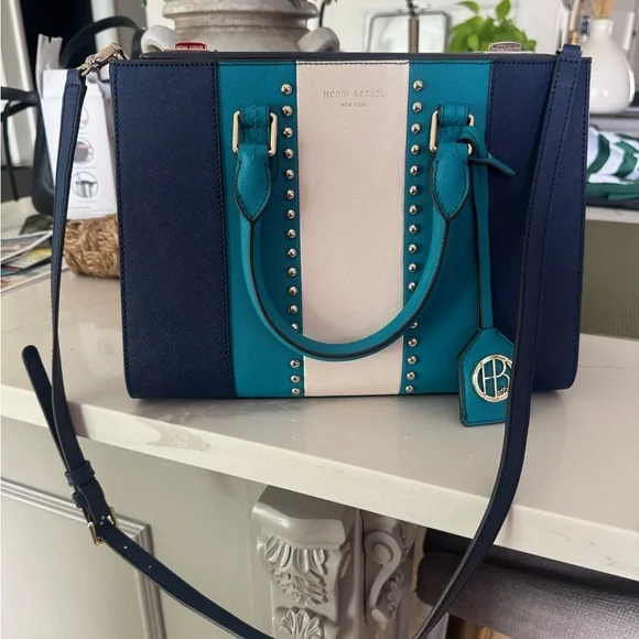 Henri Bendel Navy and Teal Satchel - Picture 1 of 6